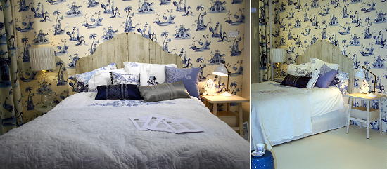 Ariadne at Home Blauw - Wit Kleur & Interieur Woonbeurs Foto's - Ariadne Slaapkamer: Landelijk Wonen Houten Bed met Beddinghouse beddengoed, Delftsblauw Ariadne Behang & Gordijnen LEES MEER.. (Foto DroomHome.nl) Ariadne at Home Blauw - Wit Kleur & Interieur Woonbeurs Foto's - Ariadne Slaapkamer: Landelijk Wonen Houten Bed met Beddinghouse beddengoed, Delftsblauw Ariadne Behang & Gordijnen LEES MEER.. (Foto DroomHome.nl)