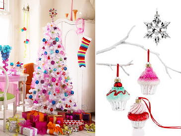 Trendy Witte Kerstboom met Roze, Rood & Azuur Blauw Kerstballen als Cupcakes Kerstornamenten & Swarovski Kristal Kerstster (Foto Homes Magazine & Martha Stewart) op DroomHome.nl